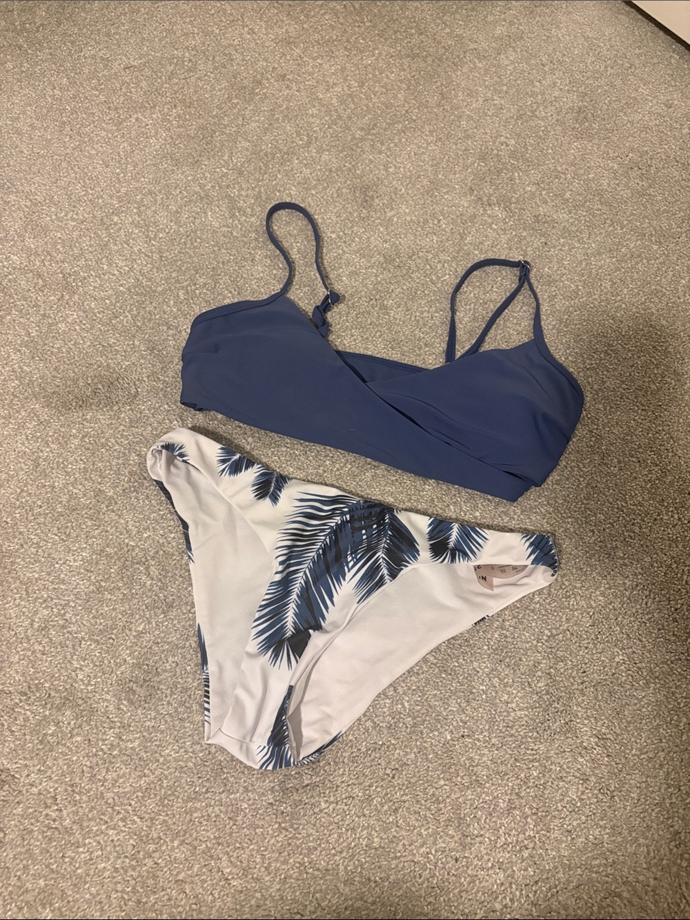 SHEIN Blue Bikini Set with White Palm-Print Bottom